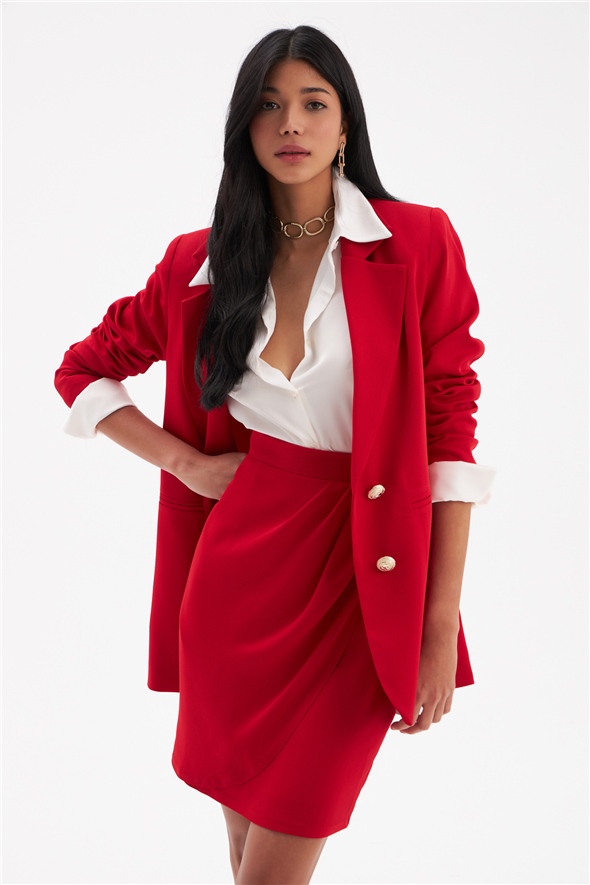 Button Detailed Satin Crepe Skirt - RED