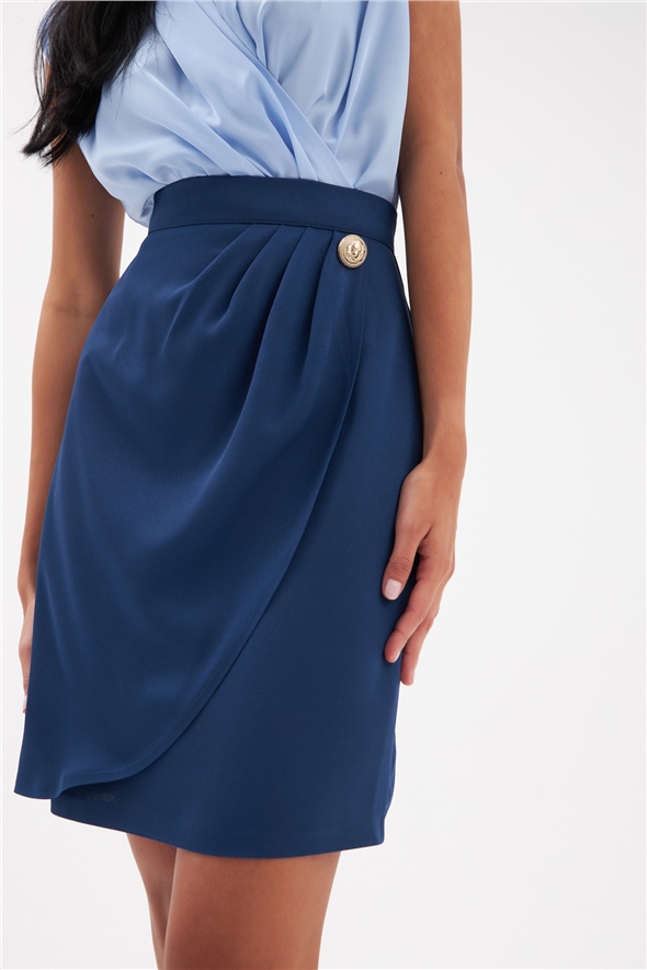 Button Detailed Satin Crepe Skirt - BLUE