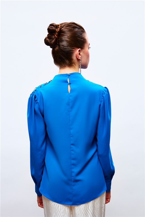 Buttons Stone Detailed Blouse - SAX BLUE