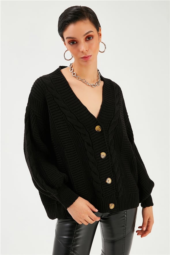 Buttoned Oversize Knitwear Cardigan - BLACK