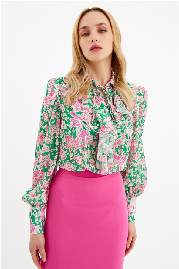 Ruffle neck floral print blouse - GREEN