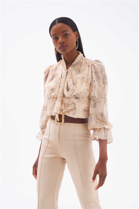 Printed blouse with scarf neckline - BEIGE