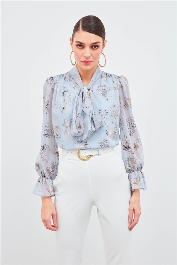 Printed blouse with scarf neckline - GRAY