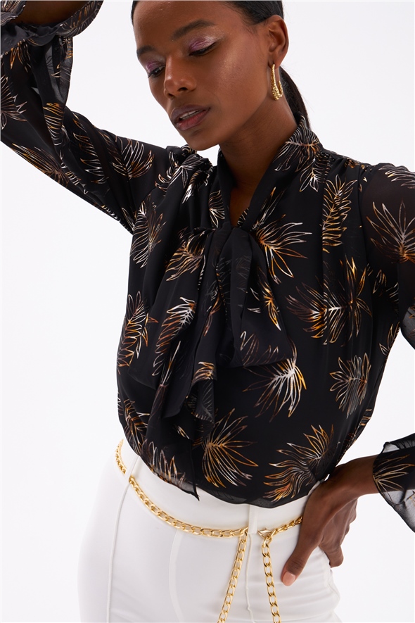 Printed blouse with scarf neckline - BLACK