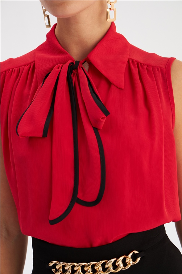 Scarf Sleeveless Blouse - RED