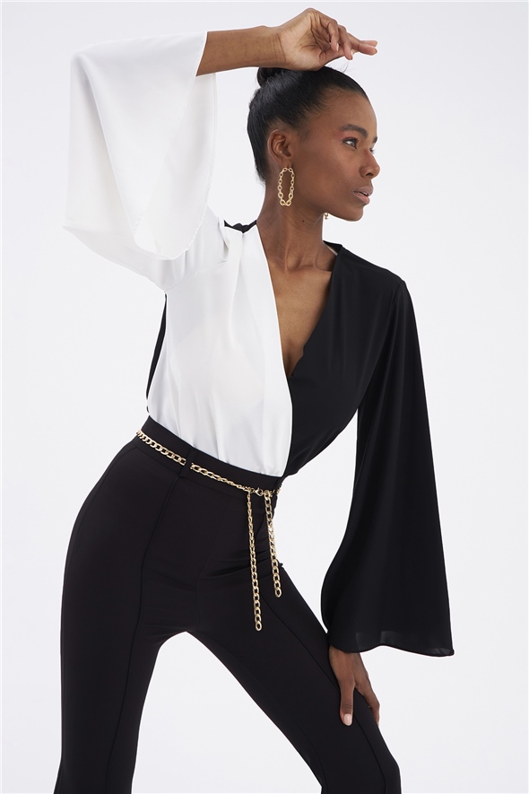 Wide Sleeve Double Breasted Bodysuit - BLACK-ECRU