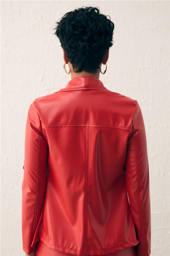Wide Collar Leather Jacket - RED