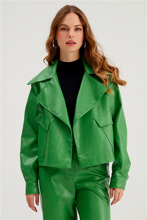 Wide Collar Leather Jacket - GREEN