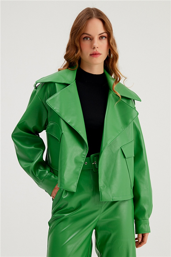 Wide Collar Leather Jacket - GREEN