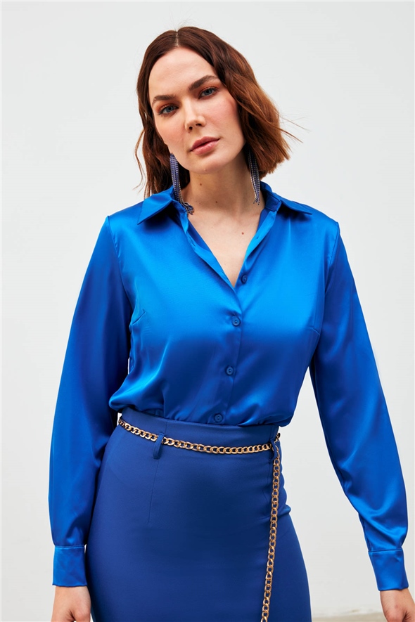 Shirt Collar Satin Bodysuit Blouse - SAX BLUE