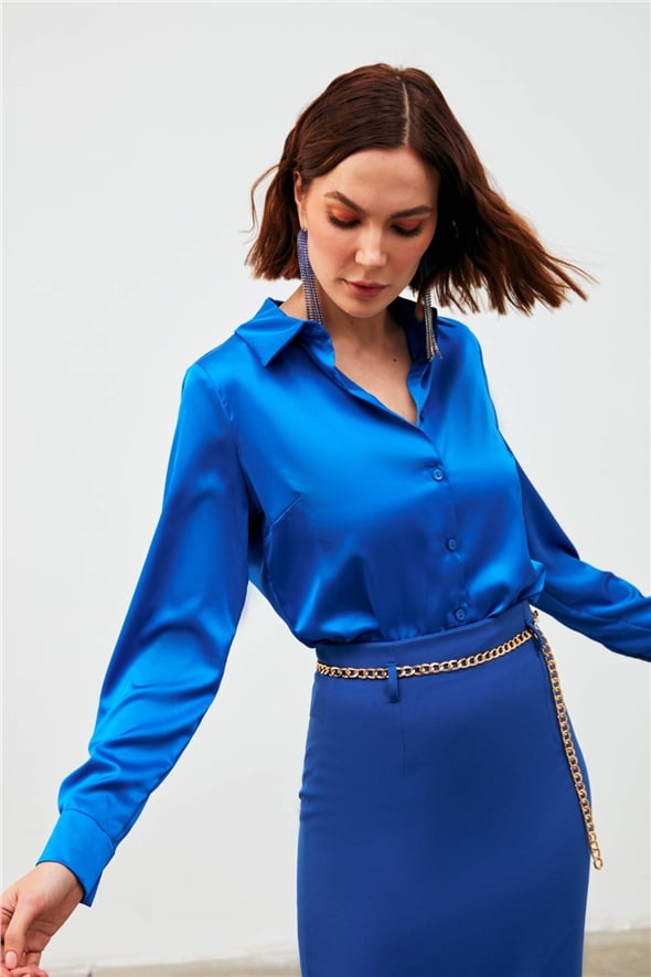 Shirt Collar Satin Bodysuit Blouse - SAX BLUE