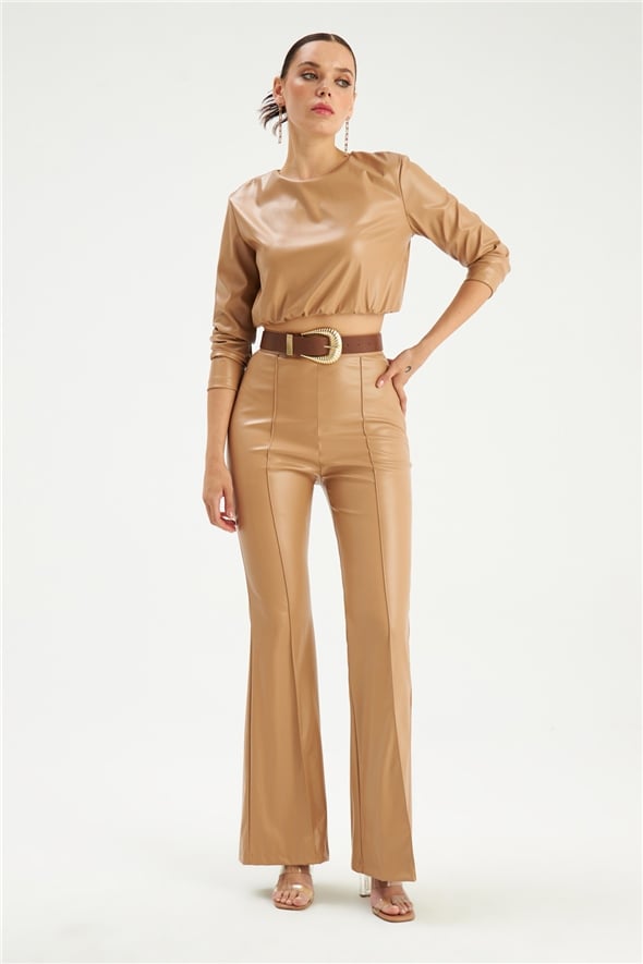 Flared leather trousers - BEIGE