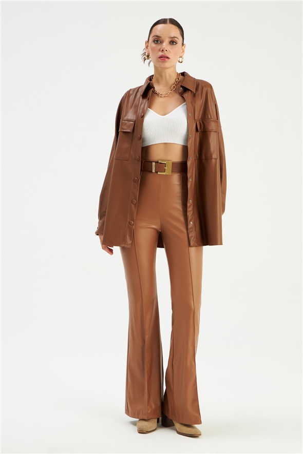 Flared leather trousers - BROWN