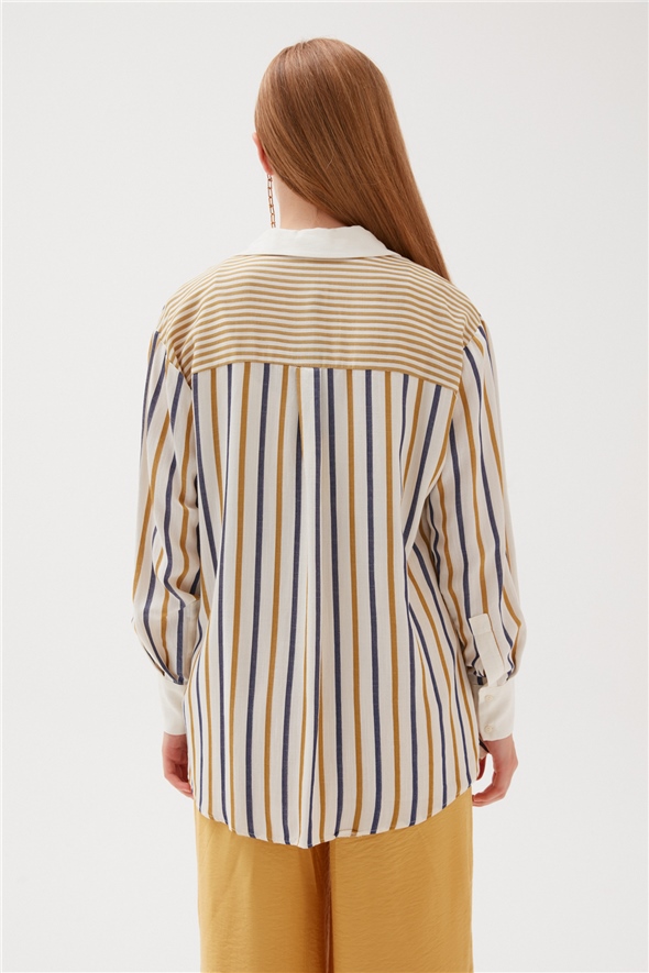 Thick Striped Long Loose Shirt - MUSTARD