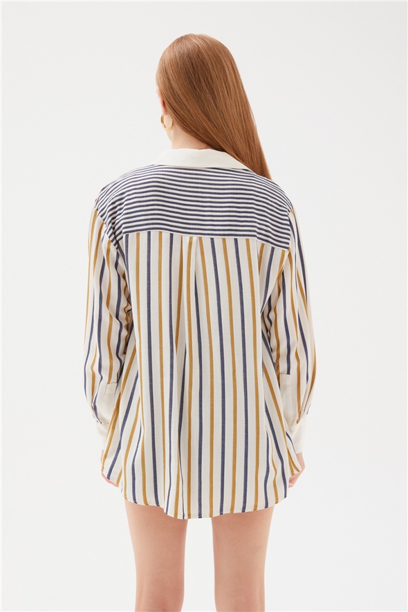 Thick Striped Long Loose Shirt - BLUE
