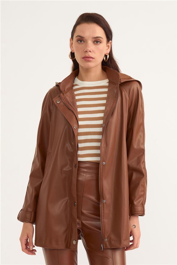 Hooded leather detailed jacket - BROWN