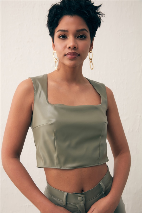 Square Collar Leather Crop Blouse - GREEN ALMOND