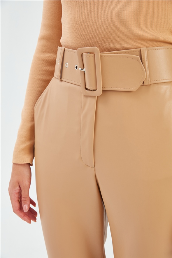 Belted leather pants - BEIGE
