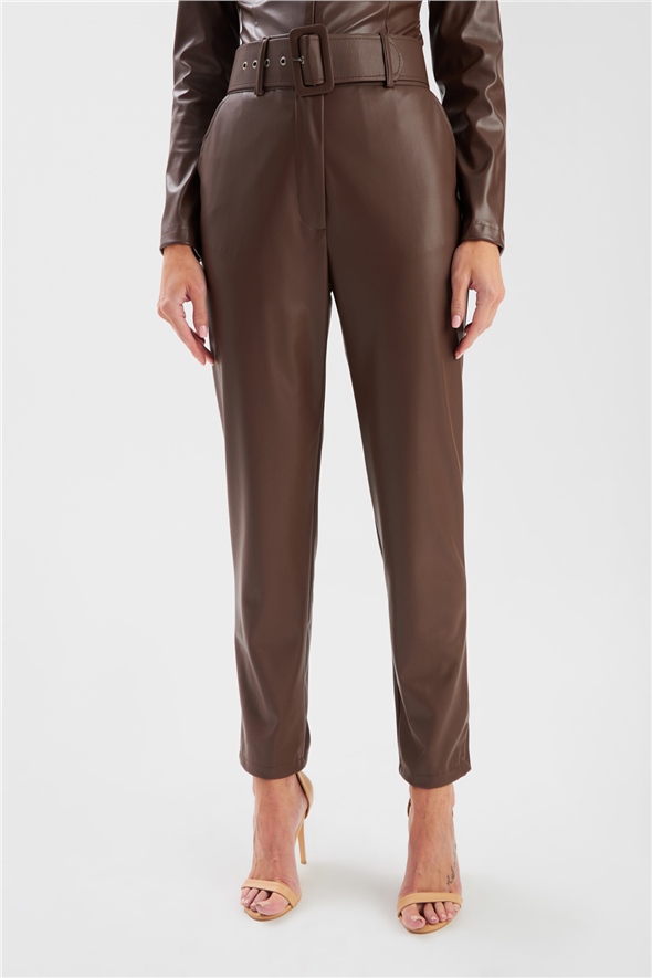 Belted leather pants - DARK COFFEE