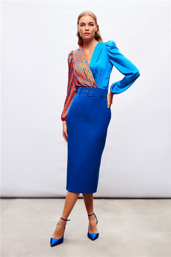 Belted Pencil Skirt - SAX BLUE