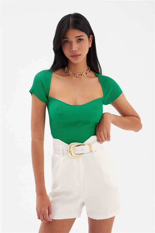 Short Sleeve Corduroy Knitwear Blouse - GREEN