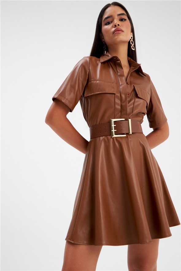 Flared mini leather skirt - BROWN