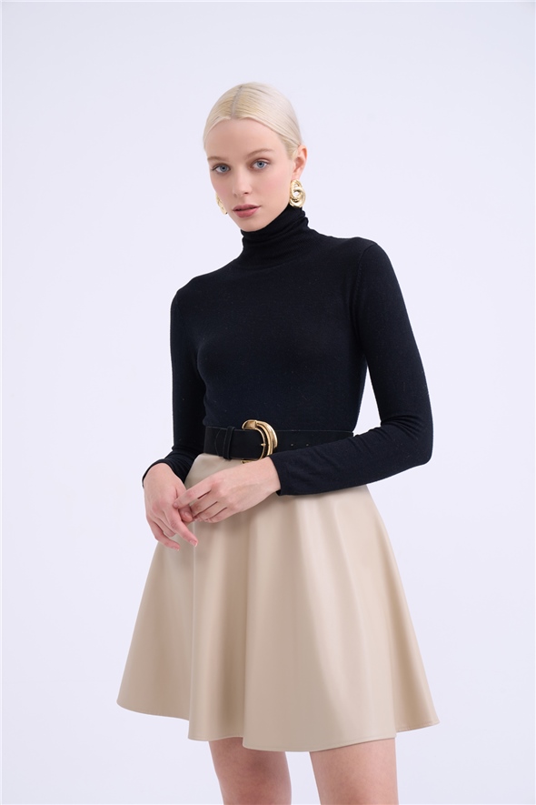Flared mini leather skirt - STONE