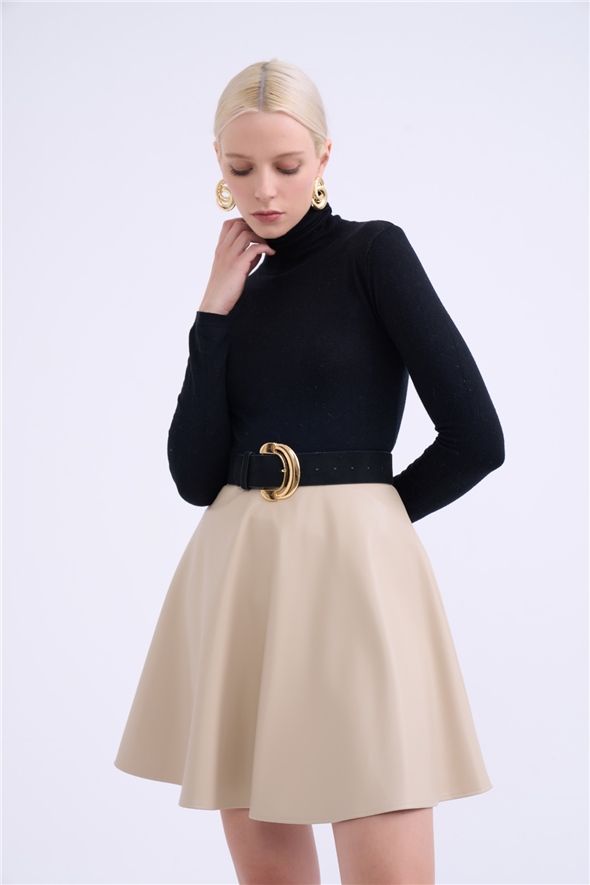 Flared mini leather skirt - STONE