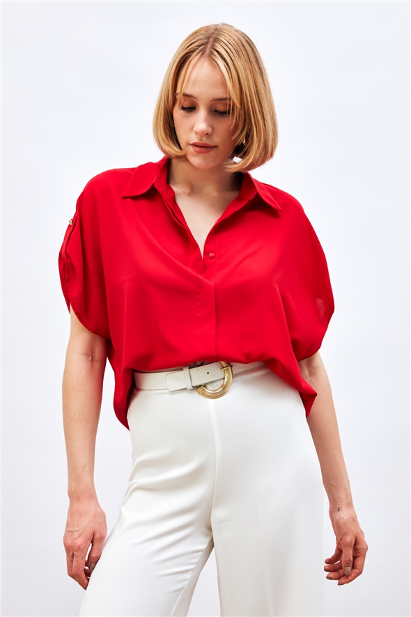 Sleeve Detailed Loose Shirt - RED