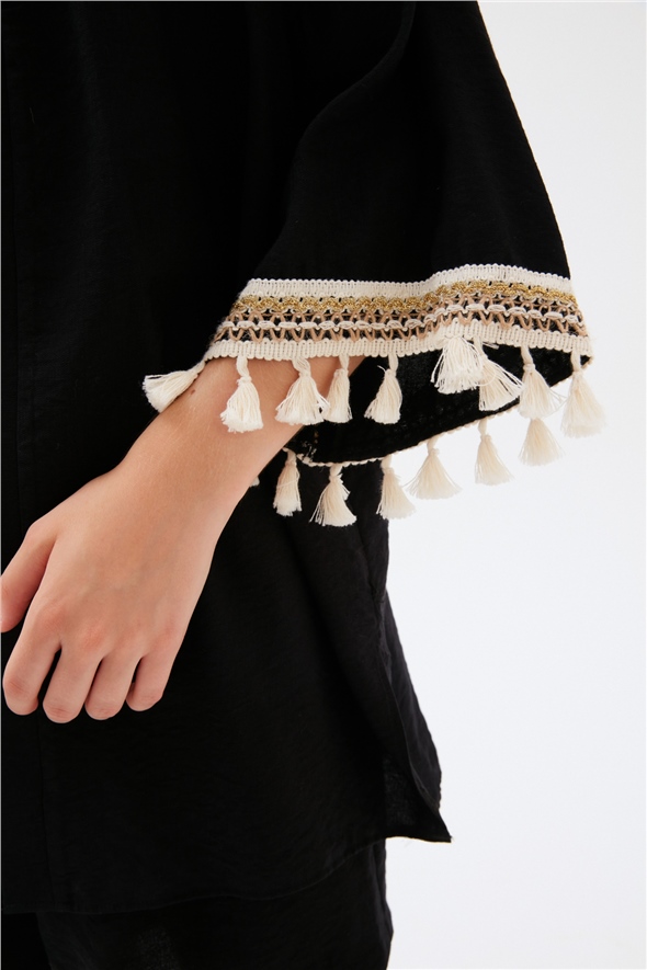 Sleeve Detailed Loose Linen Kimono - BLACK