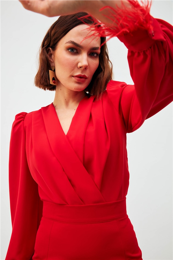 Sleeve Feather Detailed Bodysuit Blouse - RED
