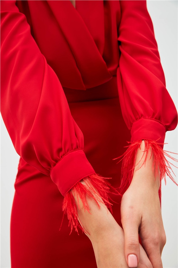 Sleeve Feather Detailed Bodysuit Blouse - RED