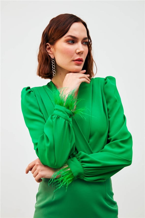 Sleeve Feather Detailed Bodysuit Blouse - GREEN
