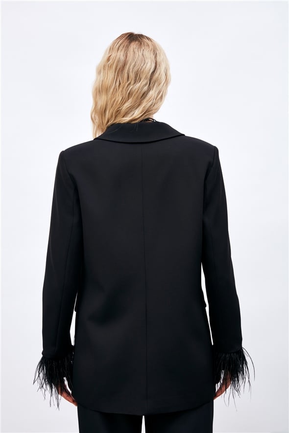 Feather Detailed Jacket with Sleeves - BLACK