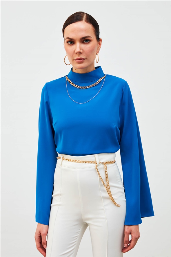 Necklace Spanish Sleeve Blouse - SAX BLUE