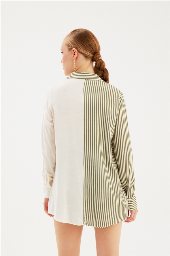Contrast Striped Loose Shirt - KKHAKI