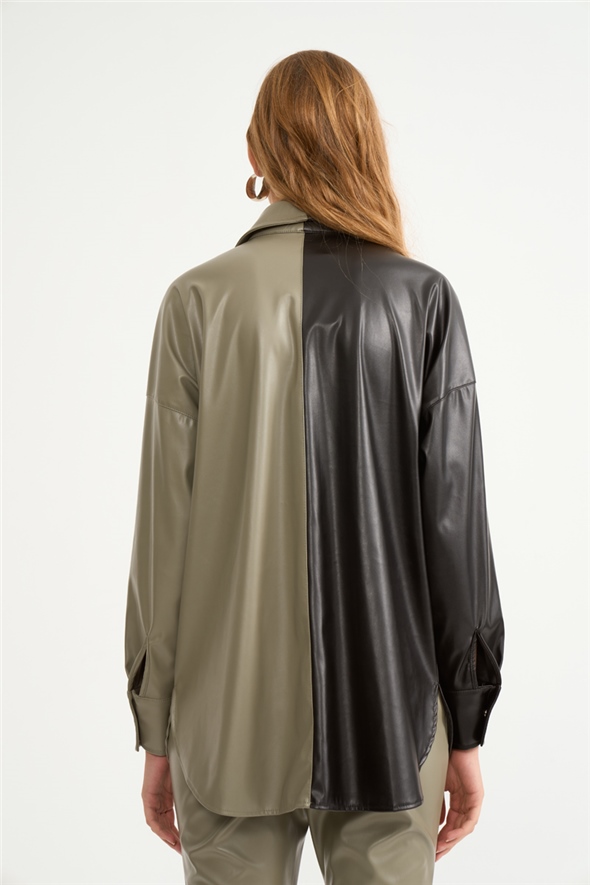 Contrast leather shirt jacket - BLACK-GREEN