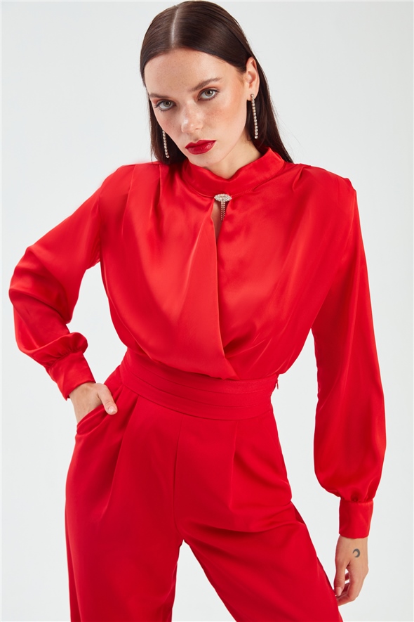 Double Breasted Accessory Detailed Satin Blouse - RED