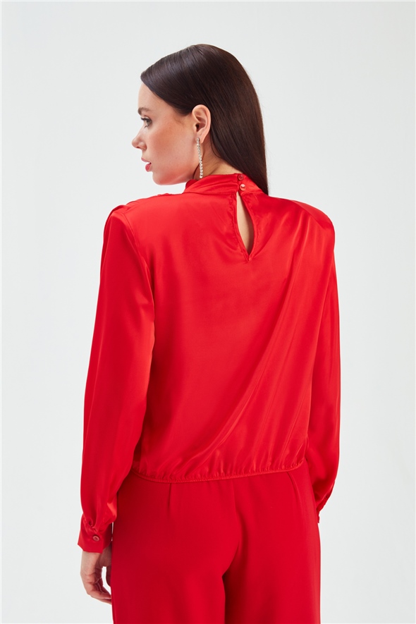 Double Breasted Accessory Detailed Satin Blouse - RED