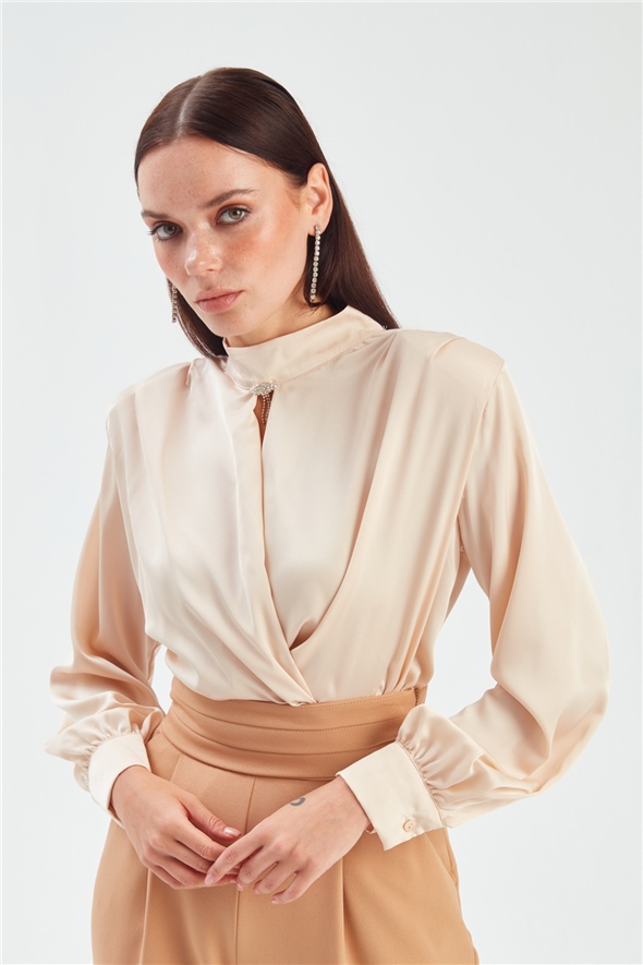 Double Breasted Accessory Detailed Satin Blouse - CREAM