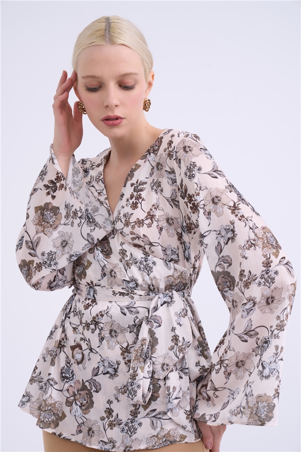 Double-breasted floral print belted blouse - BEIGE