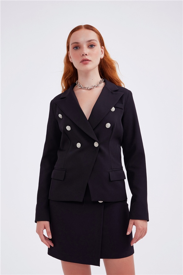 Double-breasted button-up blazer - BLACK