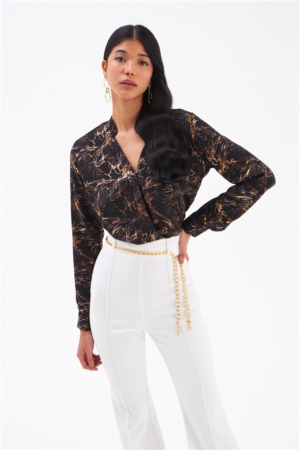 Double Breasted Printed Blouse - WHITEWASHED BLACK