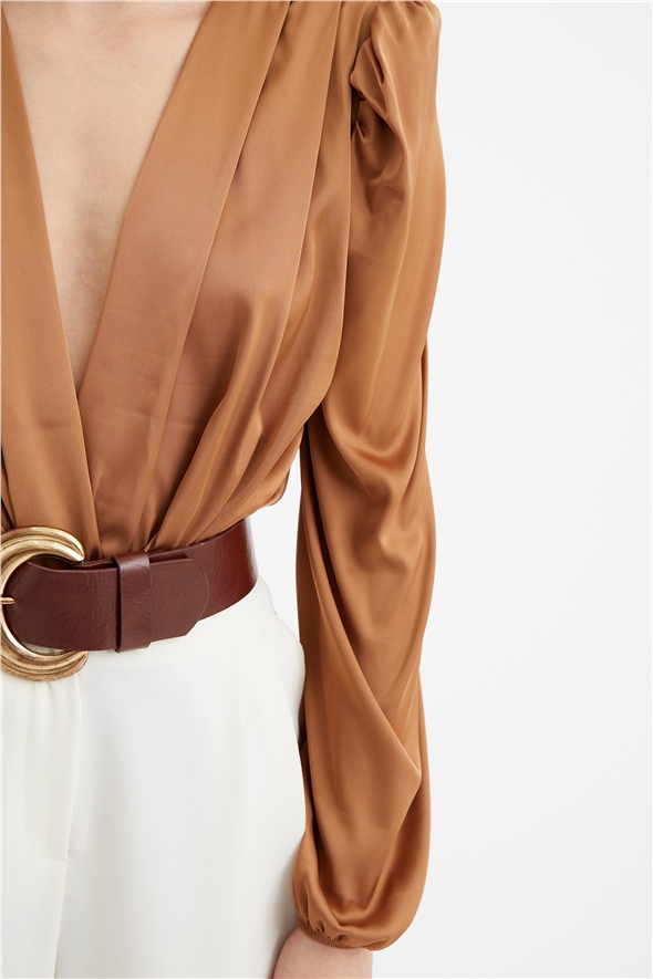 Double-breasted satin bodysuit - CAMEL