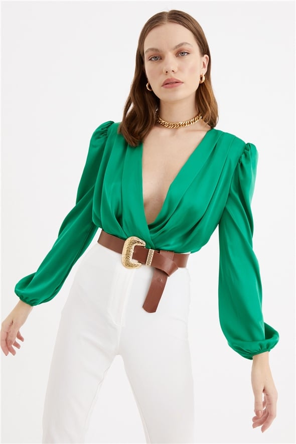 Double-breasted satin bodysuit - GREEN