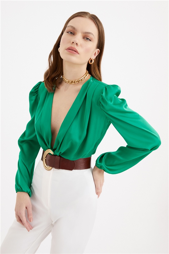 Double-breasted satin bodysuit - GREEN