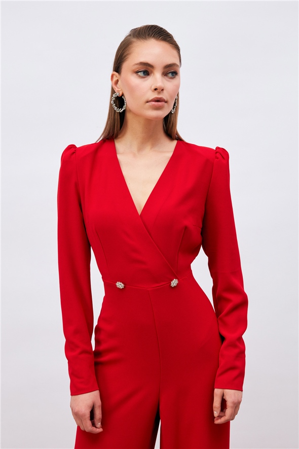 Crepe jumpsuit with double-breasted stone detail - RED