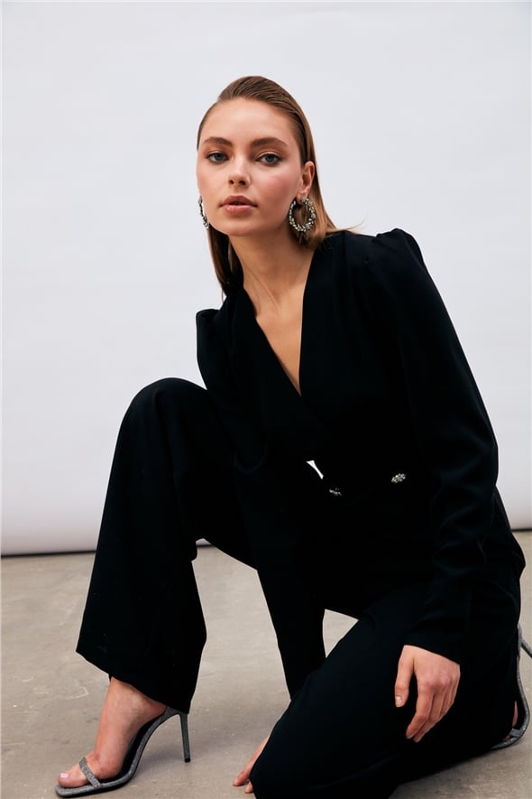 Crepe jumpsuit with double-breasted stone detail - BLACK