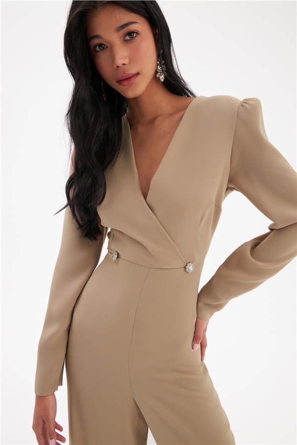 Crepe jumpsuit with double-breasted stone detail - BEIGE