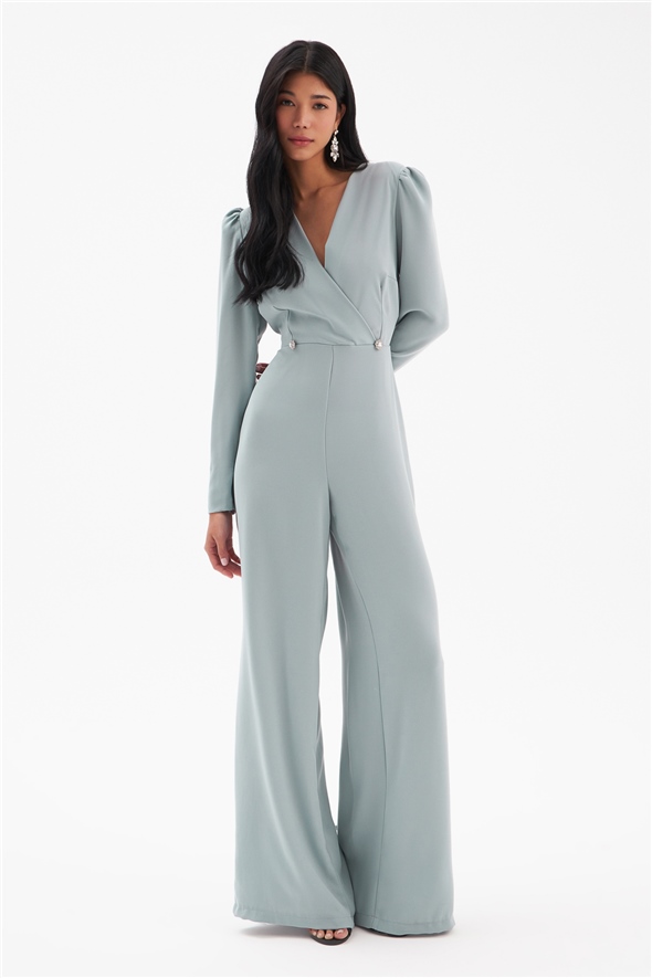Crepe jumpsuit with double-breasted stone detail - GRAY